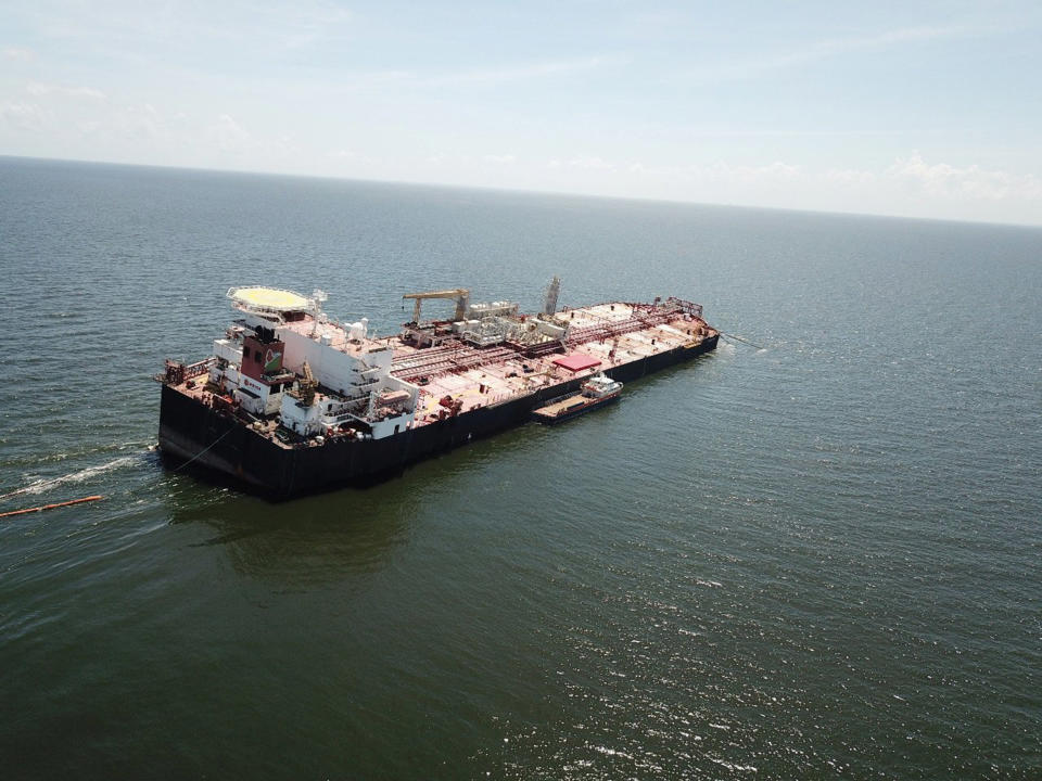 Image: The Nabarima floating storage and offloading (FSO) facility is seen tilted in the Paria Gulf (Fishermen and Friends of the Sea / Reuters)