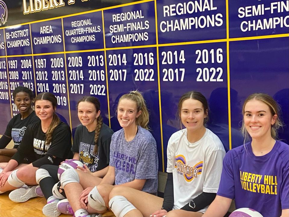 Five of Liberty Hill's six seniors have been playing volleyball together since they were seventh-graders. The seniors, from left, Gigi Mason, Keegan Walton, Kylie Hutchinson, Carson Glenn, Kealy Dirner and Merrill Madison, will play in the Class 5A state semifinals on Friday.