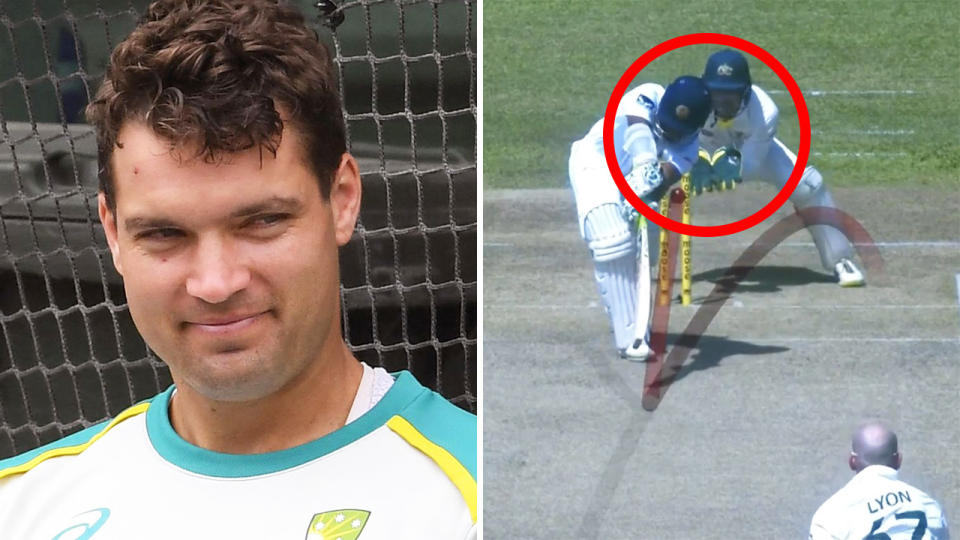 Australian wicketkeeper Alex Carey was smacked in the helmet by Nathan Lyon's first delivery in the Test series against Sri Lanka, much to his chagrin. Pictures: Getty Images/Fox Cricket