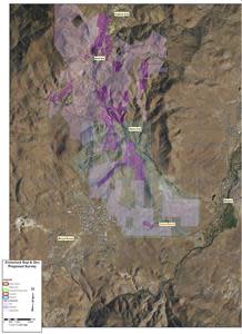 This detailed aerial view shows the survey areas of Comstock Mining’s Dayton Consolidated and Spring Valley exploration targets in Lyon County, Nevada, and the Daney Ranch, that was recently contracted for sale.