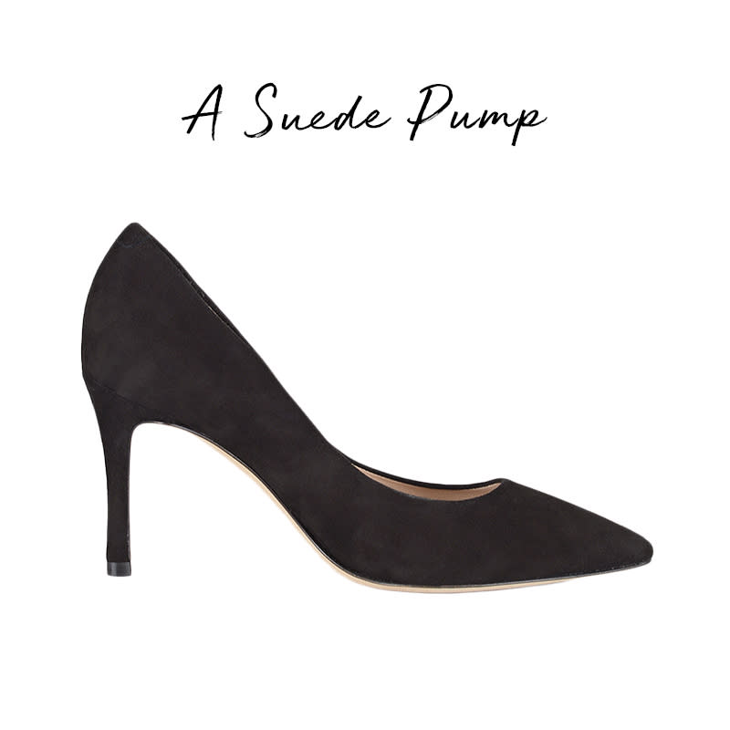 <a rel="nofollow noopener" href="http://www.lacanadienneshoes.com/us/shoes/heel/renny-73624.html" target="_blank" data-ylk="slk:Renny Pump, La Canadienne, $395A suede pump in black is a fail-safe choice for work or nighttime.;elm:context_link;itc:0;sec:content-canvas" class="link ">Renny Pump, La Canadienne, $395<p>A suede pump in black is a fail-safe choice for work or nighttime.</p> </a>