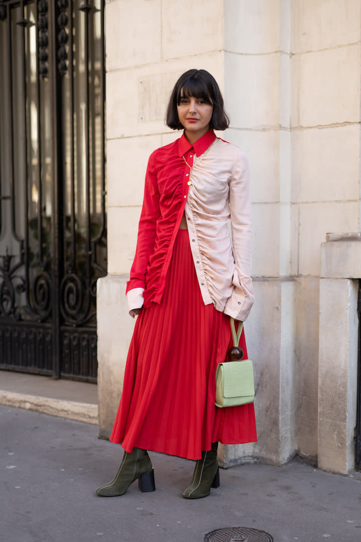 <p>Maria Bernad demonstrated how to rock colour-blocking this season while out and about in Paris. <em>[Photo: Getty]</em> </p>