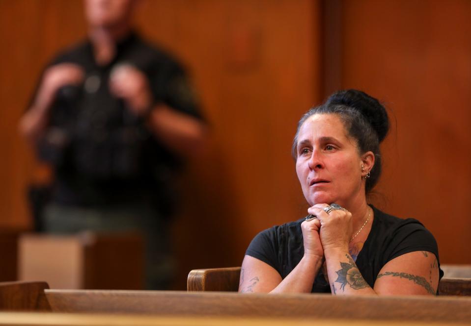 Nichole Rose, a close friend of Josiah Bagnall, reacts during the sentencing of Alexander Mosqueda Rivera-Burdette on Thursday, Aug. 17, 2023 at the Marion County Courthouse in Salem, Ore.