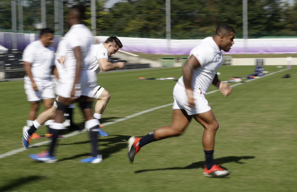 England's Kyle Sinckler runs during their final training session in Tokyo, Japan, Friday, Nov.1, 2019. England will play South Africa in the Rugby World Cup final on Saturday Nov. 2. in Yokohama. (AP Photo/Mark Baker)