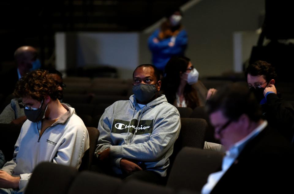 Residents listen during the Nashville Metro Planning Department and city leaders listen at a public meeting held at Cross Point Church as part the East Bank Study on Tuesday, November 30, 2021, in Nashville, Tenn. Massive multi-billion-dollar redevelopment projects are planned for the area, which will change the neighborhoods near the river.