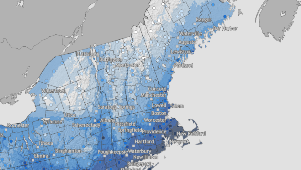 NOAA's interactive white Christmas probability map shows southern New England is least likely to see snow on Christmas, indicated by the gray areas, while northern Vermont, New Hampshire and Maine are mostly likely.