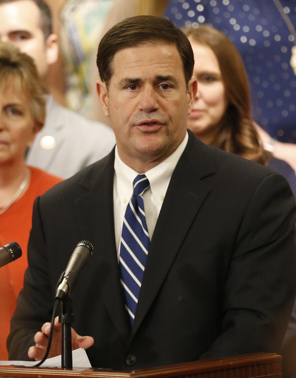 Gov. Doug Ducey announces his plan to raise teachers pay by 20 percent over the next two years at the State Capitol in Phoenix, Ariz. on April 12, 2018.