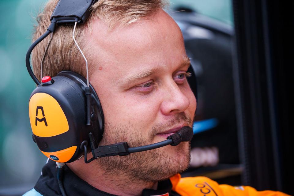 Arrow McLaren SP driver Felix Rosenqvist (7) waits for practice to start Friday, May 27, 2022, during Carb Day at Indianapolis Motor Speedway.