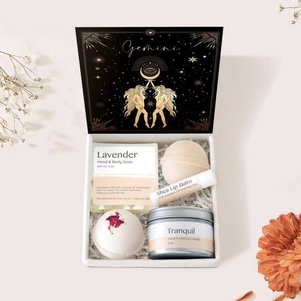 <p><strong>Dear Ava</strong></p><p>dearava.com</p><p><strong>$49.00</strong></p><p><a href="https://dearava.com/products/gemini-zodiac-gift-gift-box-set-g0227-giftbox1" rel="nofollow noopener" target="_blank" data-ylk="slk:Shop Now;elm:context_link;itc:0;sec:content-canvas" class="link ">Shop Now</a></p><p>Treat your Gem to an at-home spa day with a zodiac gift box. </p>