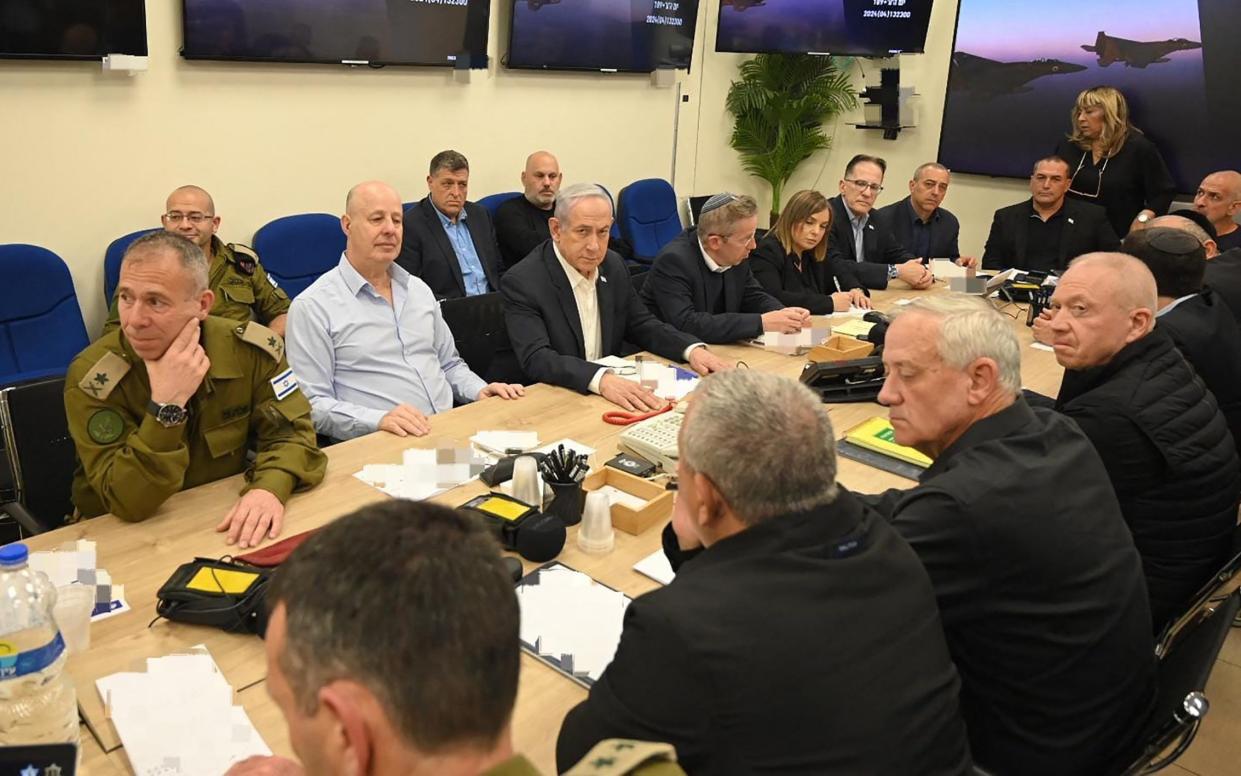 Mr Netanyahu during a war cabinet meeting at the Kirya in Tel Aviv on Sunday