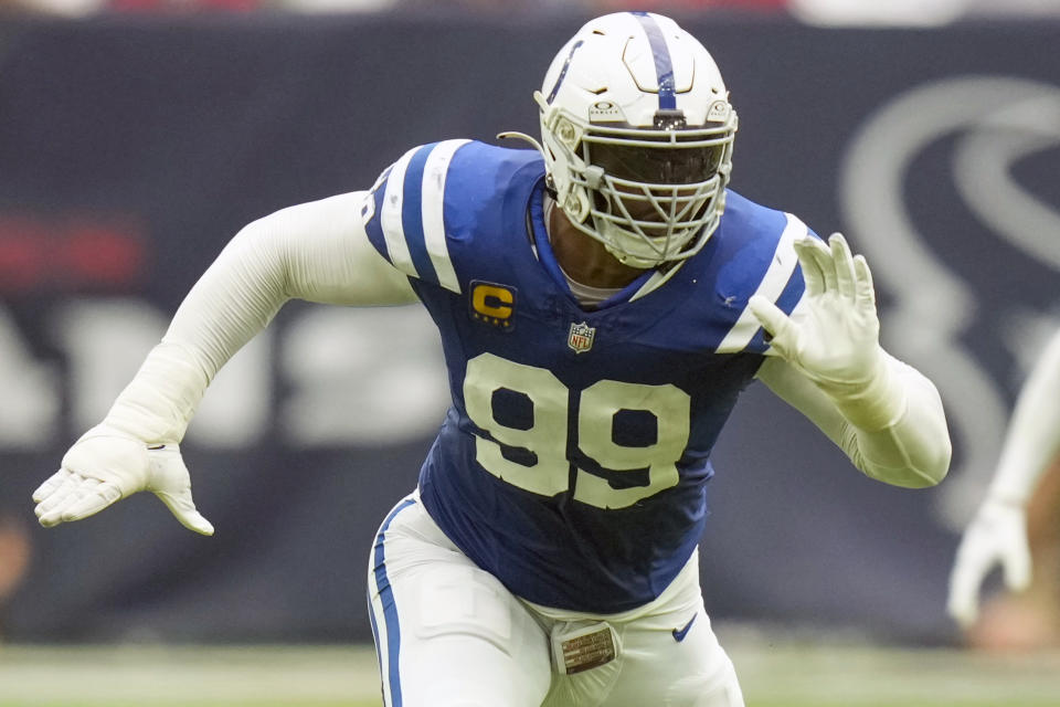 FILE - Indianapolis Colts defensive tackle DeForest Buckner plays during the second half of an NFL football game against the Houston Texans, Sunday, Sept. 17, 2023, in Houston. Three-time Pro Bowl defensive tackle DeForest Buckner and the Indianapolis Colts have agreed on a $46 million, two-year contract extension through 2026, a person familiar with the deal told The Associated Press. The person spoke to the AP on condition of anonymity Monday, April 15, 2024, because the team didn’t release the terms.(AP Photo/Eric Christian Smith, File)