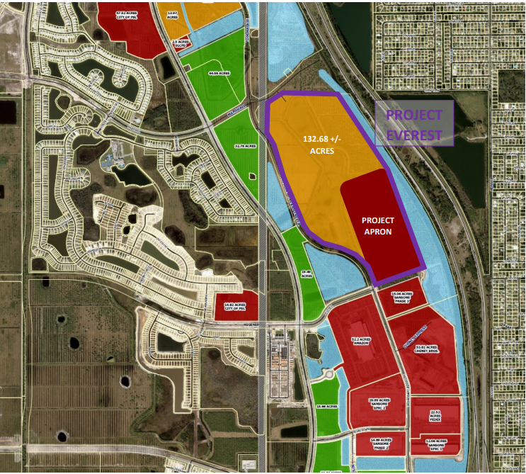 A map of Southern Grove shows the outline of the new Project Everest, as well as other properties. Properties in green are open, properties in yellow are under contract and properties in red are occupied.