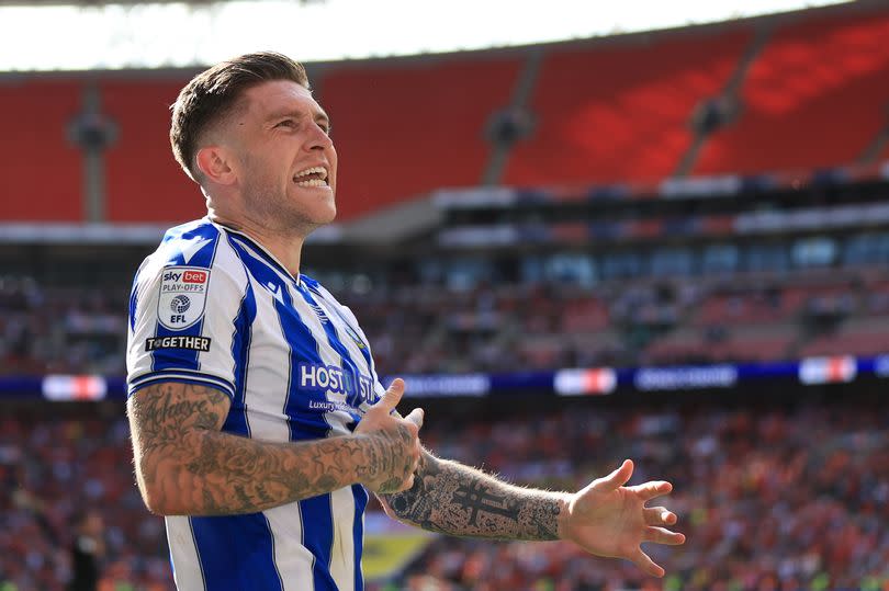Josh Windass celebrates after scoring for Sheffield Wednesday in the 2023 League One play-off final at Wembley.