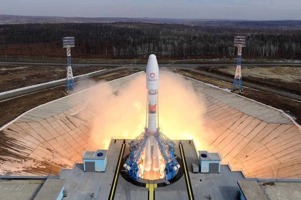 A Soyuz-2.1b carrier rocket with a Fregat upper stage block and 36 OneWeb satellites blasts off from a launch pad of Vostochny Cosmodrome.