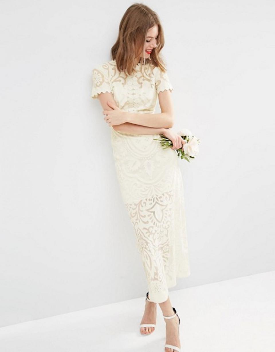 <p>Dress, $376, <a rel="nofollow noopener" href="http://us.asos.com/asos/asos-bridal-lace-burn-out-maxi-dress/prd/5943690?iid=5943690&clr=Cream&SearchQuery=&cid=21606&pgesize=16&pge=0&totalstyles=16&gridsize=3&gridrow=4&gridcolumn=2" target="_blank" data-ylk="slk:asos.com;elm:context_link;itc:0;sec:content-canvas" class="link ">asos.com</a> </p>