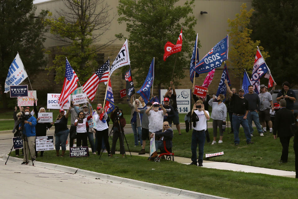 Supporters of President Donald Trump gather across the street from the United Auto Workers Region 1 offices where Democratic presidential nominee and former Vice President Joe Biden is scheduled to speak in Warren, Mich., on Sept. 09, 2020.<span class="copyright">Chip Somodevilla—Getty Images</span>