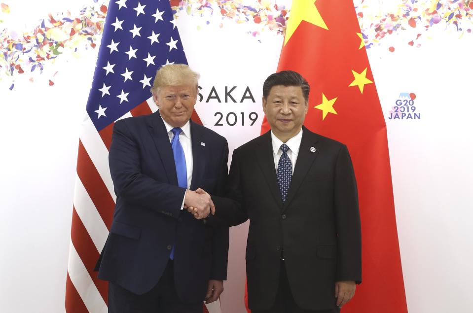 OSAKA, JAPAN - JUNE 29: Chinese President Xi Jinping (R) shakes hands with US President Donald Trump before a bilateral meeting during the G20 Summit on June 29, 2019 in Osaka, Japan. (Photo by Sheng Jiapeng/China News Service/VCG via Getty Images)