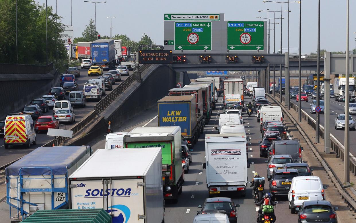 Traffic queues along the M25 in Dartford, Kent