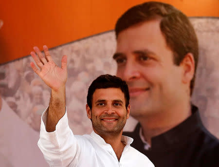 Rahul Gandhi, Vice President of India's ruling Congress party waves to his party supporters during a rally ahead of general elections in New Delhi April 6, 2014. REUTERS/Anindito Mukherjee/File Photo