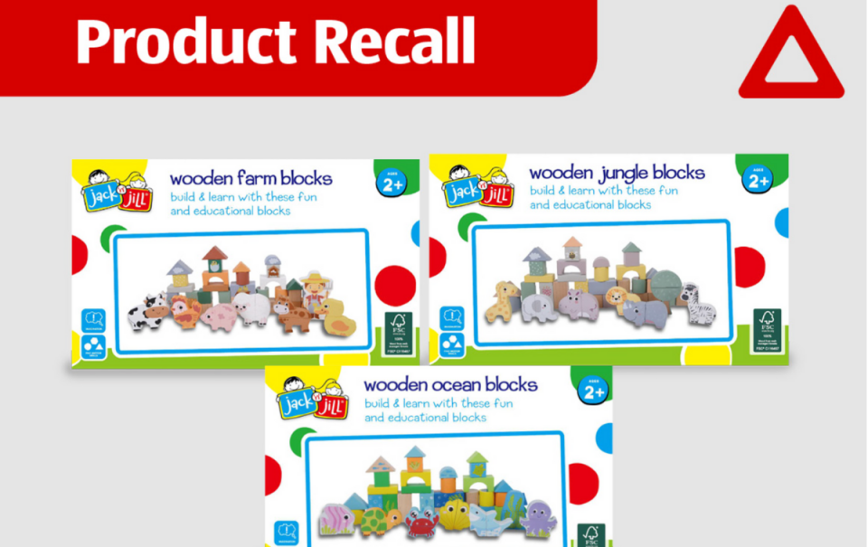 Aldi product recall notice on wooden block toy.