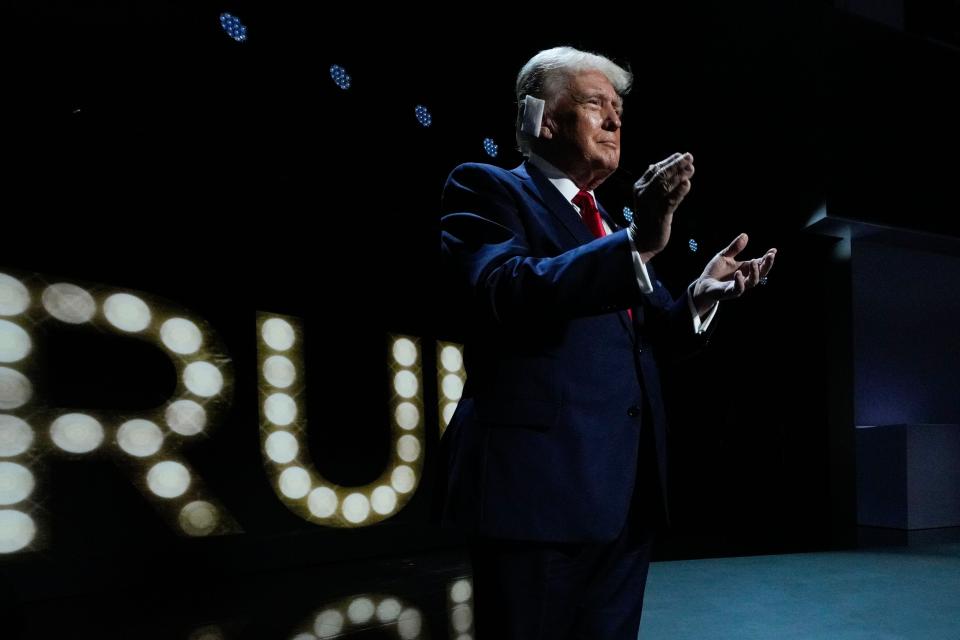 Donald Trump speaks during the final day of the Republican National Convention at the Fiserv Forum. The final day of the RNC featured a keynote address by Republican presidential nominee Donald Trump.