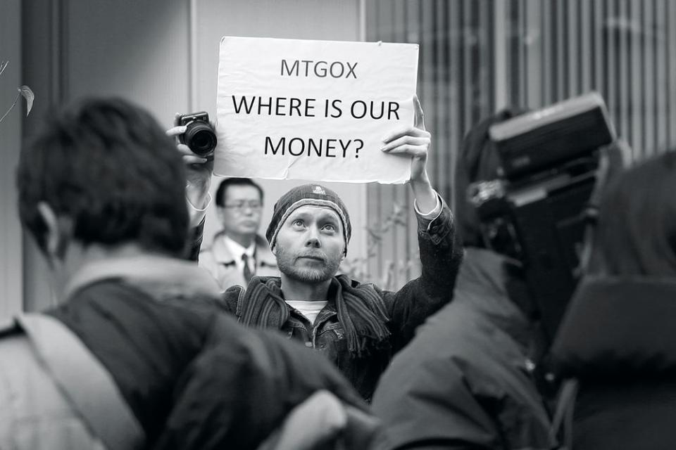 Kolin Burges, a cryptocurrency trader, protesting the loss of Mt. Gox’s Bitcoins.