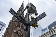 A street sign at the intersection of Wall Street and Broadway is shown on Friday, Jan. 19, 2024, in New York. Wall Street is rising Friday and may break past its all-time high set two years ago, before the highest inflation and interest rates in decades sent financial markets tanking worldwide. (AP Photo/Peter K. Afriyie)