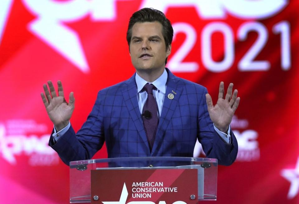 Rep. Matt Gaetz (R-FL) addresses the Conservative Political Action Conference being held in the Hyatt Regency on February 26, 2021 in Orlando, Florida. Begun in 1974, CPAC brings together conservative organizations, activists, and world leaders to discuss issues important to them. (Photo by Joe Raedle/Getty Images)