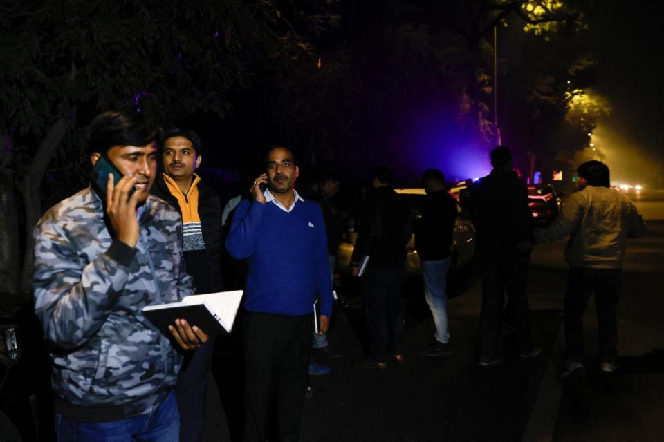 Police officials gather outside the Israeli embassy, following a reported explosion nearby, in New Delhi (REUTERS)