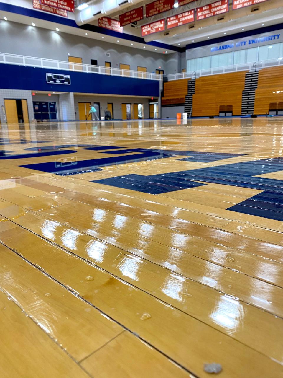 Busted pipes caused water damage to the Oklahoma City University basketball court.