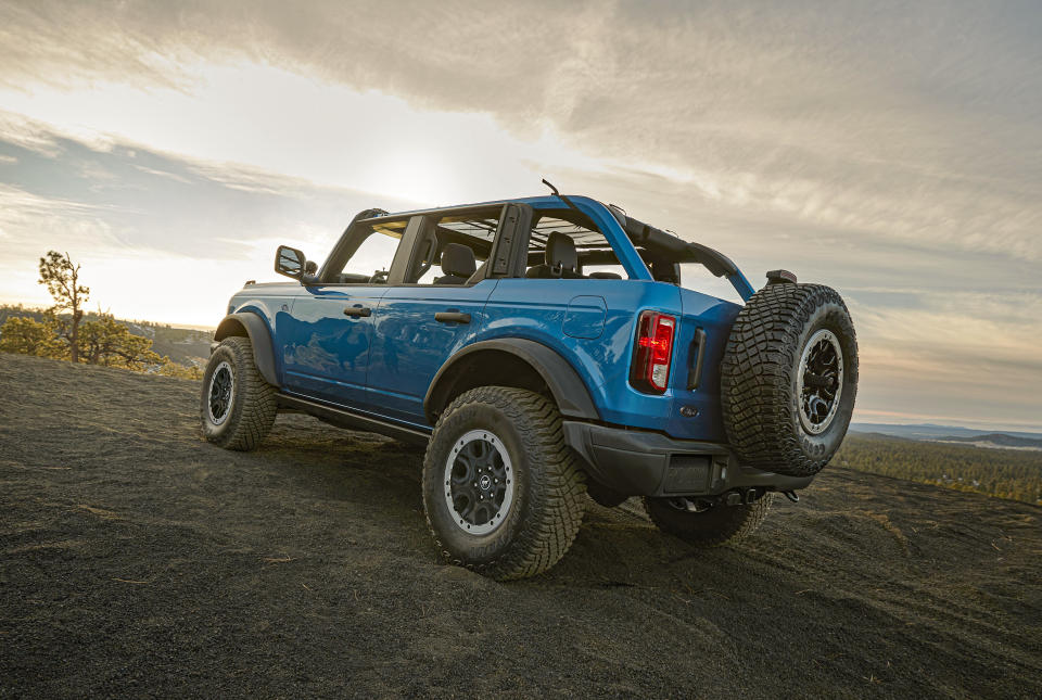 This photo provided by Ford, shows the 2023 Ford Bronco, a midsize SUV that has the ability to remove its top — and doors — to provide open-air excitement. (Courtesy of Ford Motor Co. via AP)