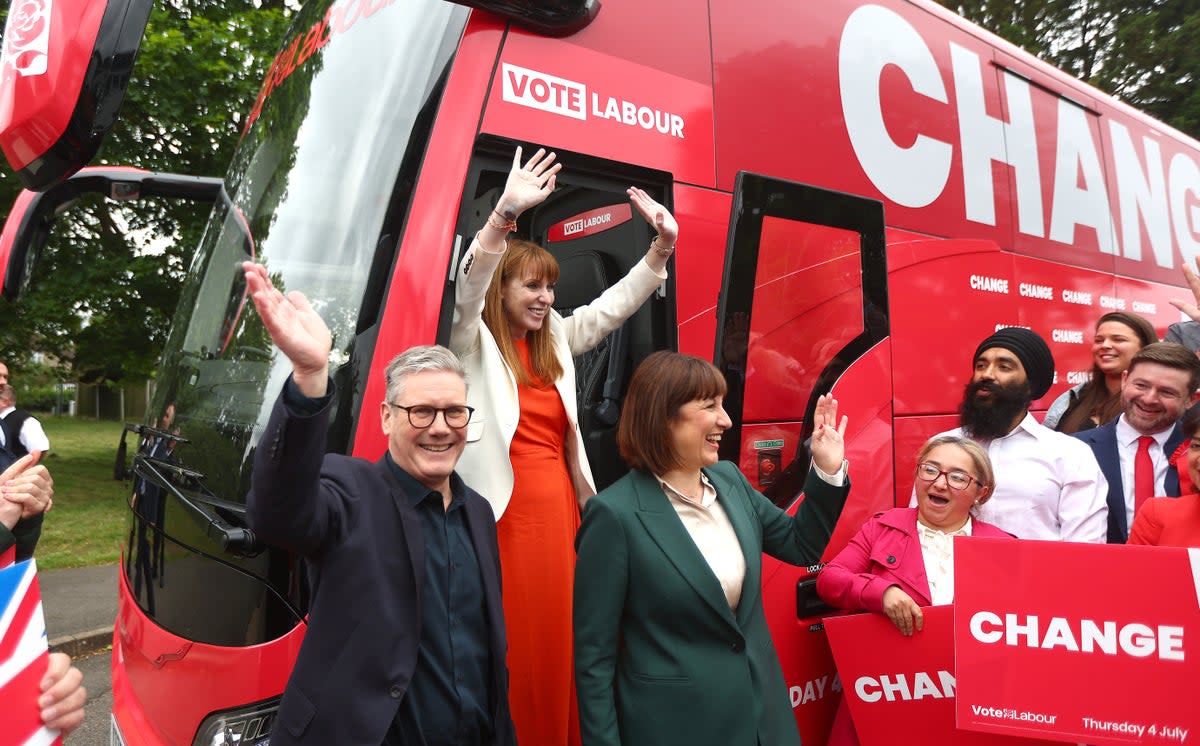 Keir Starmer, deputy leader Angela Rayner, and Rachel Reeves, shadow chancellor of the exchequer in Uxbridge, England (Peter Nicholls / Getty Images)