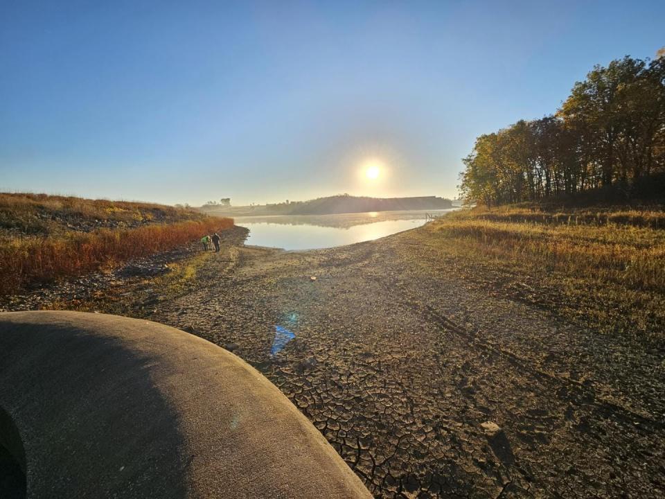 West Lake, Osceola's water supply, as seen from the spillway. The lake is so low that city and water works officials are seeking to use treated wastewater to help bolster its level.