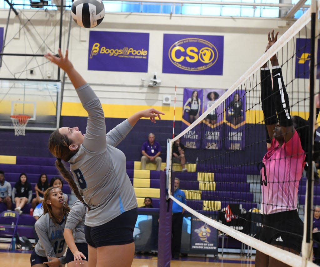 Airline's Natalie Williams goes up for the ball against Byrd Thursday 10-19-23.