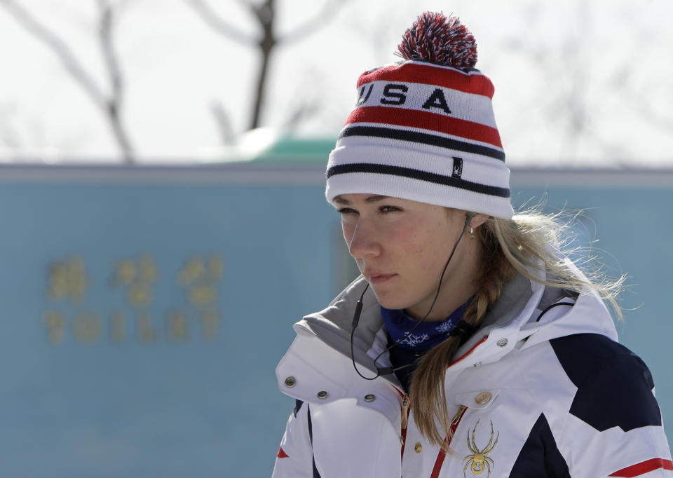 Mikaela Shiffrin waits for her training run in the women’s downhill event at the PyeongChang Olympics.