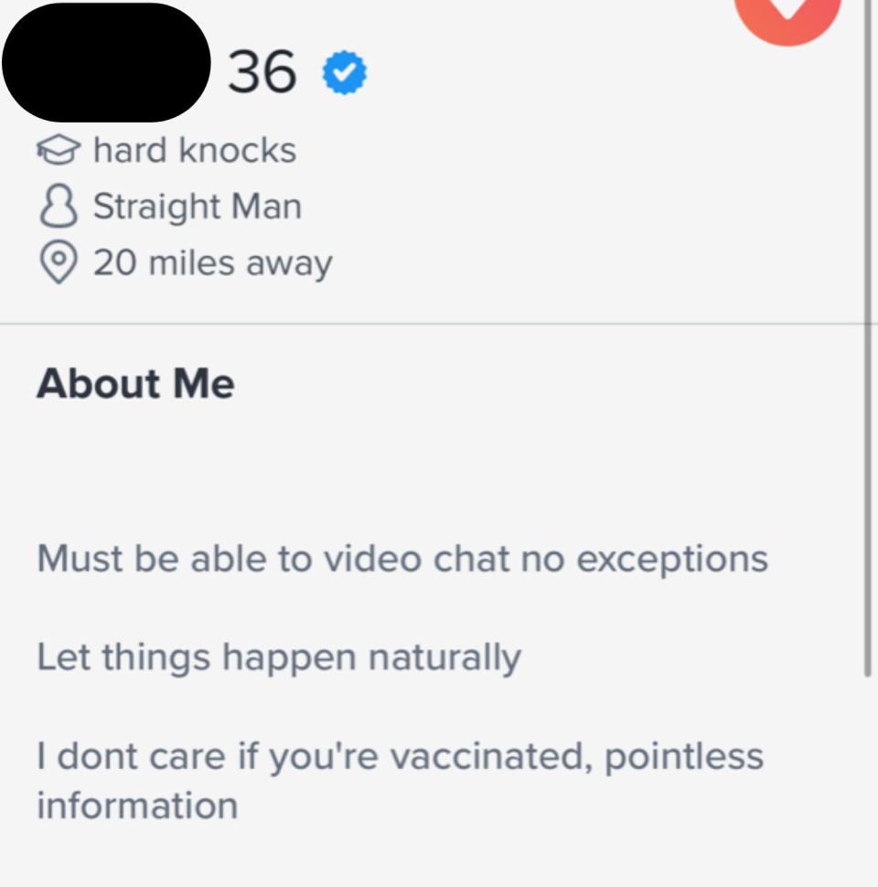 This about me section says "must be able to video chat, no exceptions. Let things happen naturally. I don't care if you're vaccinated, pointless information"
