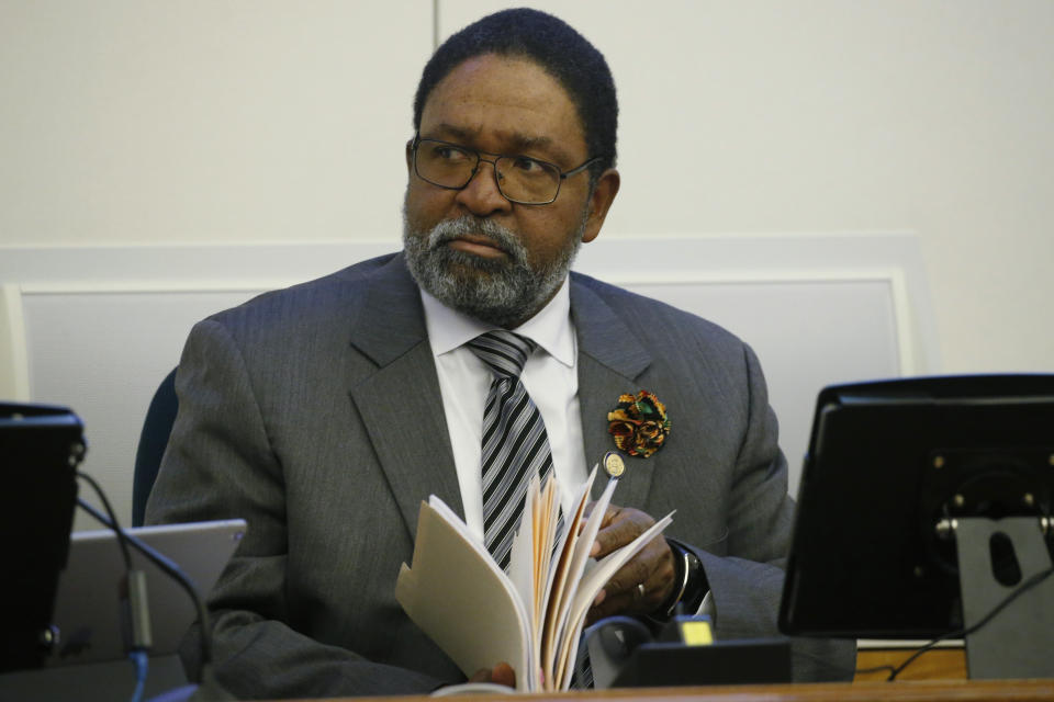 Del. Joseph Lindsey, D-Norfolk, Chairman of the House Privileges and Elections, committee listens to debate on the redistricting bill during the committee meeting at the Capitol Friday, Feb. 28, 2020, in Richmond, Va. (AP Photo/Steve Helber)