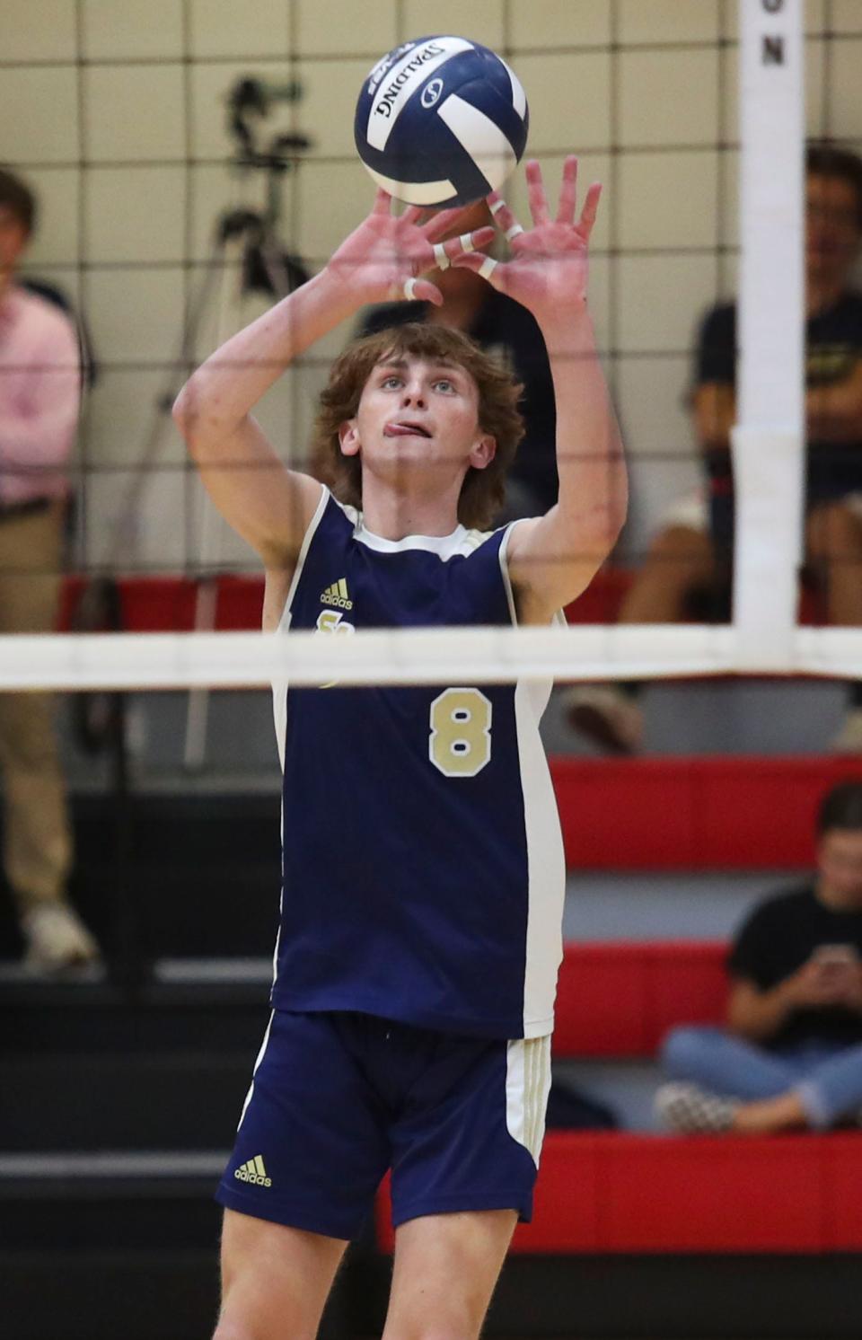 Salesinaum's Cody Popp sets in the second game of Cape Henlopen's 3-0 win for the first DIAA state title earned in boys volleyball, Tuesday, May 23, 2023 at Smyrna High School.