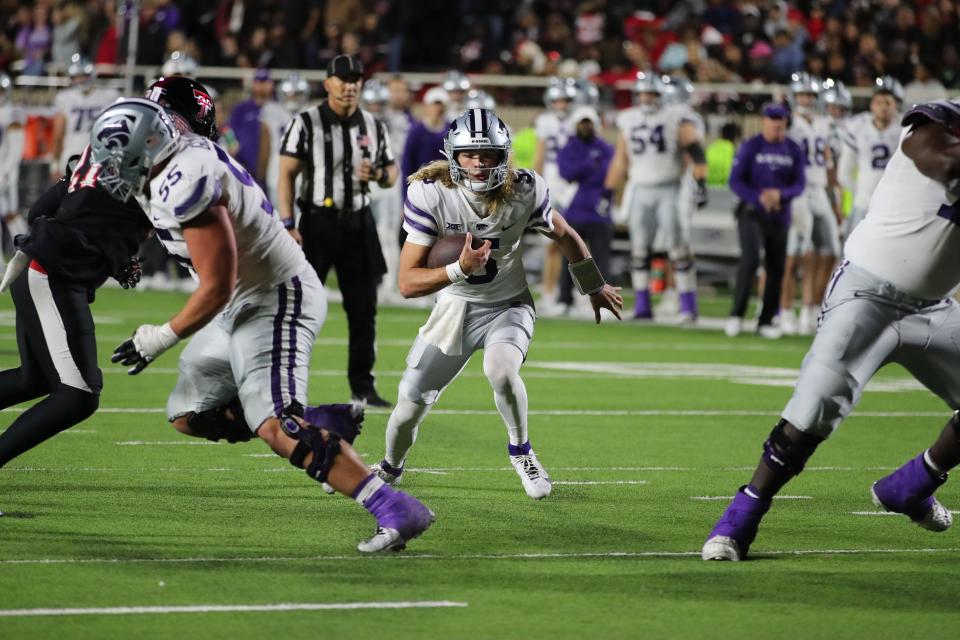Kansas State quarterback Avery Johnson (5) runs the ball against Texas Tech last Saturday at Jones AT&T Stadium in Lubbock, Texas.
