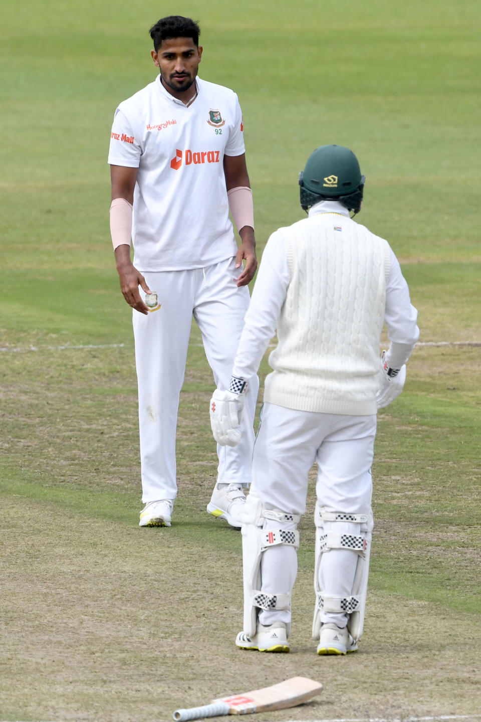 Khaled Ahmed, pictured here after hitting Kyle Verreynne with a throw in the second Test between South Africa and Bangladesh.