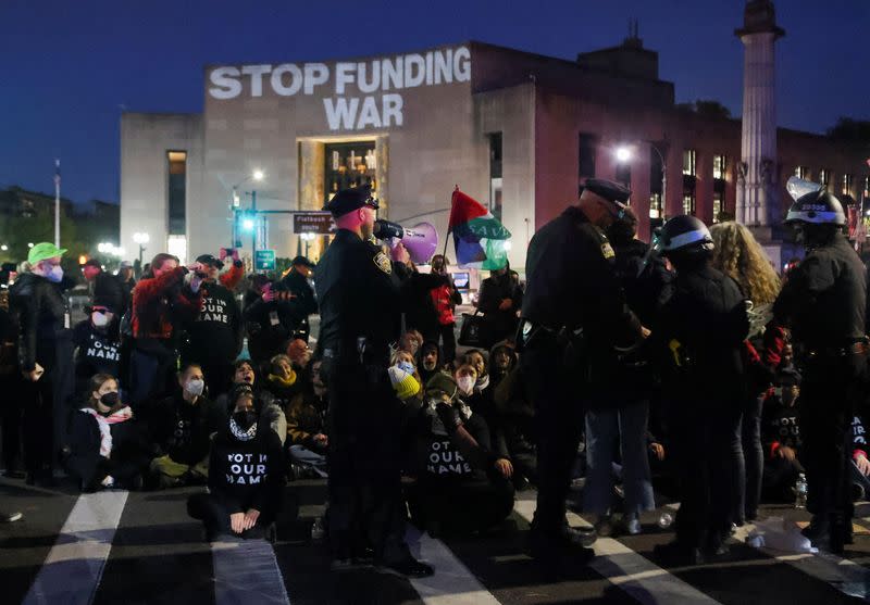 Protesters demonstrate demanding U.S. government to stop arming Israel, in the Brooklyn borough of New York City