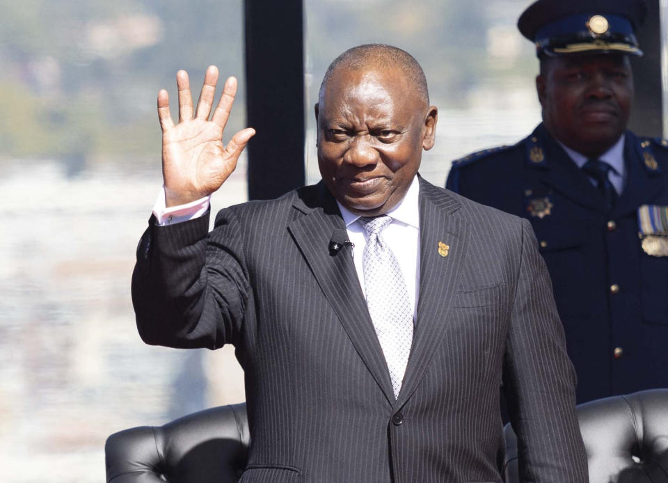 Cyril Ramaphosa waves as he prepares to take the oath of office for his second term as South African President during Ramaphosa's inauguration ceremony at the Union Buildings in Pretoria on June 19, 2024. (Photo by Kim LUDBROOK / POOL / AFP) (Photo by KIM LUDBROOK/POOL/AFP via Getty Images)