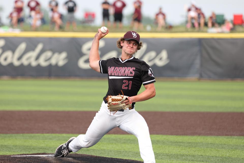 Wes-Del baseball's Travis Bunch pitching in the team's regional championship game against Blue River at Oak Hill High School on Saturday, June 3, 2023.