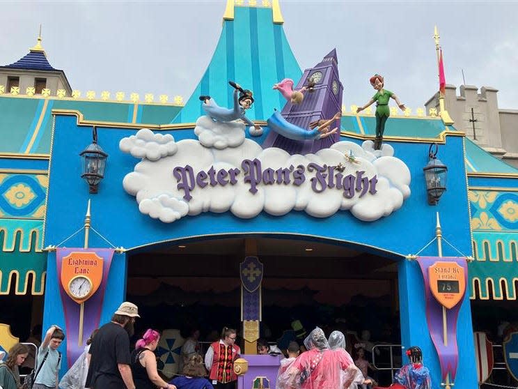 Day or night, rain or shine, there's always a long standby line for Peter Pan's Flight at Disney World.