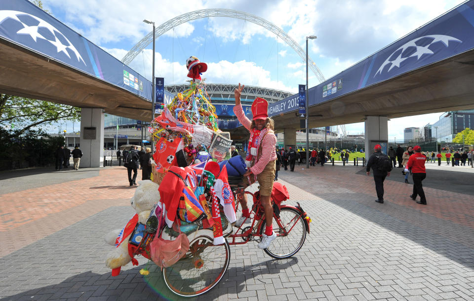 Bayern Munich fans arrive for the UEFA Champions League Final at Wembley Stadium, London.