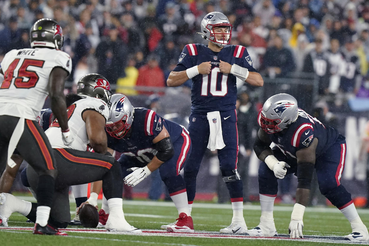 New England Patriots quarterback Mac Jones (10) during the first half of an NFL football game, Sunday, Oct. 3, 2021, in Foxborough, Mass. (AP Photo/Steven Senne)