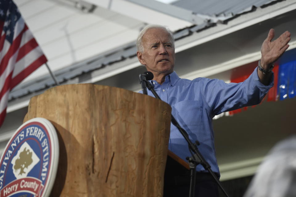 Former Vice President Joe Biden speaks at the Galivants Ferry Stump on Monday, Sept. 16, 2019, in Galivants Ferry, S.C. (AP Photo/Meg Kinnard)