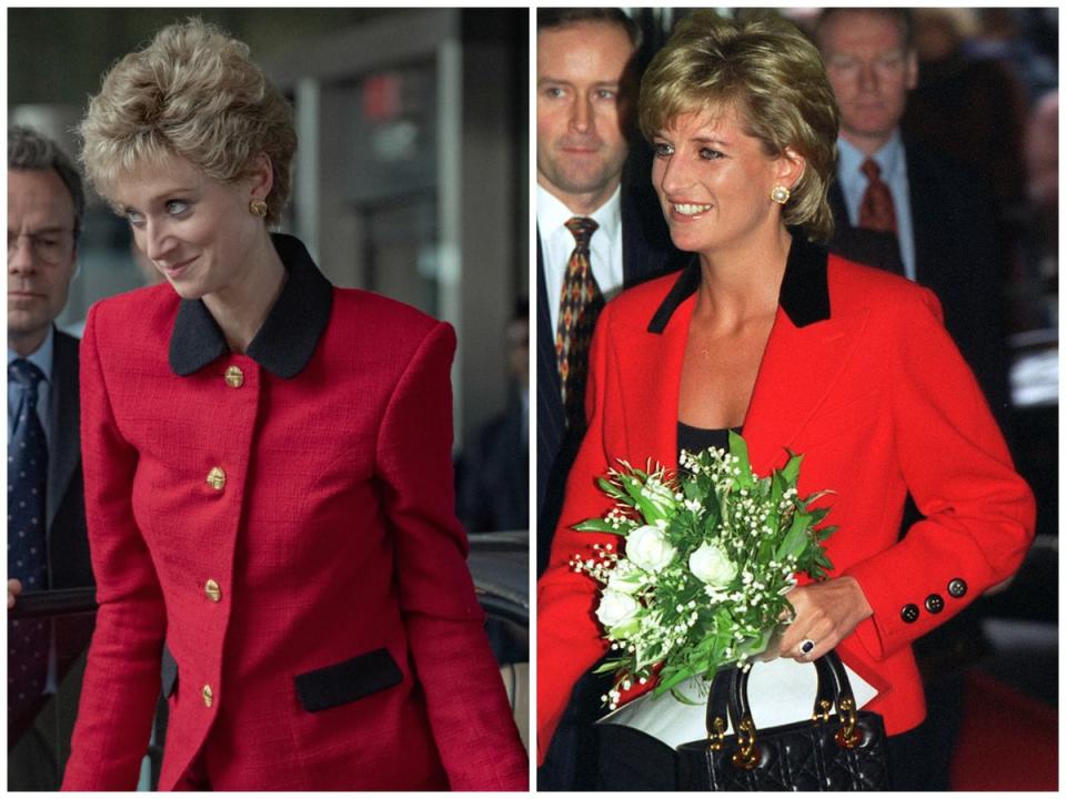 Elizabeth Debicki (left) in The Crown, and Diana (right) in 1996 (Netflix/Getty)