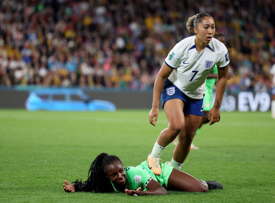 Lauren James stepped on and stomped Nigeria's Michelle Alozie in their World Cup match. (Photo by Elsa - FIFA/FIFA via Getty Images)