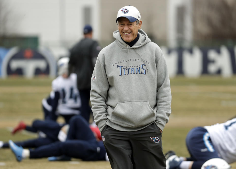 FILE - Tennessee Titans defensive coordinator Dick LeBeau watches as players warm up during an NFL football practice Wednesday, Jan. 10, 2018, in Nashville, Tenn. Dick LeBeau has seen plenty in his football life. He spent six decades in the NFL as a player and coach. Made the Pro Football Hall of Fame. Helped the Pittsburgh Steelers win two Super Bowls as a defensive coordinator. And he helped beat the 1972 Miami Dolphins. (AP Photo/Mark Humphrey, File)